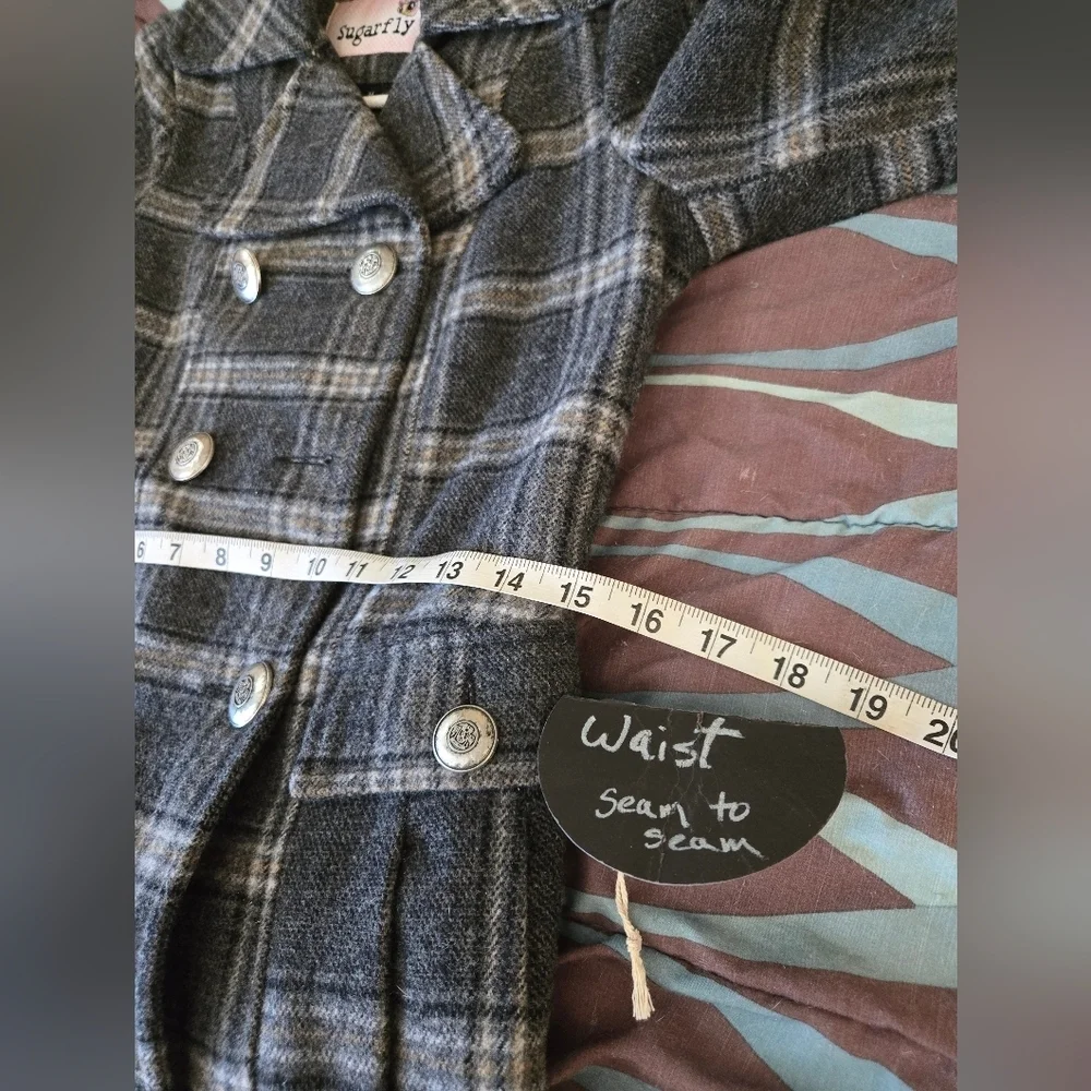 Sugarfly Girls Coats Sz M Wool Poly Plaid Peacoat Jacket Pleated Metal Buttons